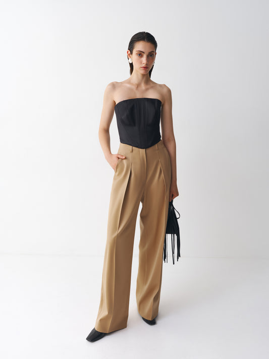 Wide-leg wool trousers in camel